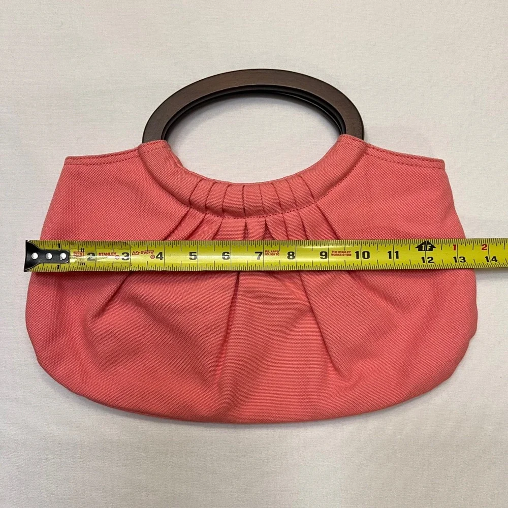 Ann Taylor Loft Coral Canvas Pleated Wood Handle Satchel Handbag Summer Purse